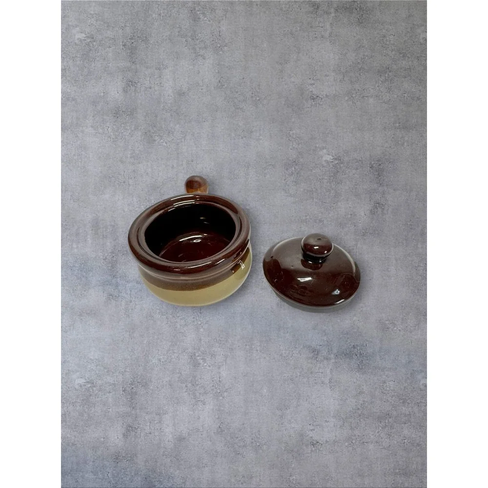 Vintage Ceramic French Onion Soup Bowl Lid Handle Brown Tan Two-Tone